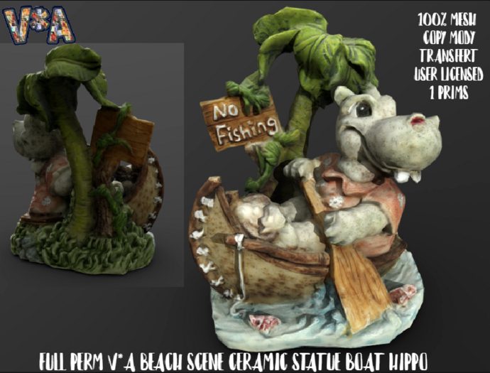 FULL PERM V*A BEACH SCENE CERAMIC STATUE BOAT HIPPO