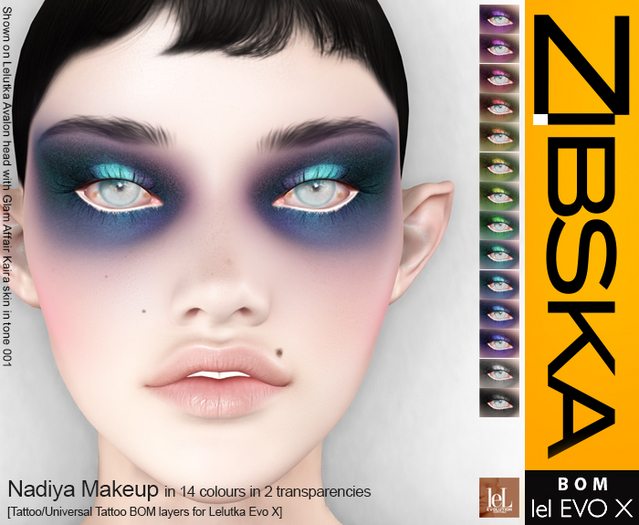 Zibska Evo X ~ Nadiya Makeup in 14 colors in 2 transparencies with tattoo and universal tattoo BOM layers