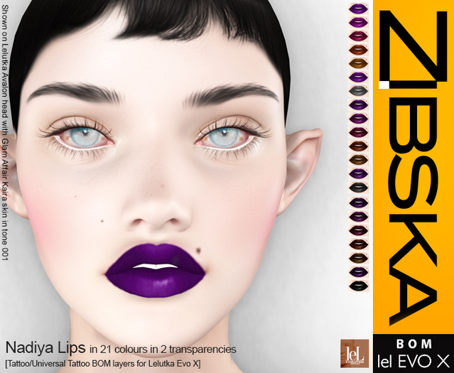 Zibska Evo X ~ Nadiya Lips in 21 colors in 2 transparencies with tattoo and universal tattoo BOM layers