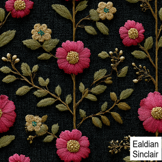 Pink Floral Embroidered Black Linen Seamless Texture