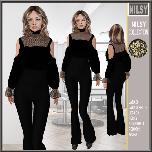 NET MIX OPEN SHOULDER SWEATER&FLARED PANTS