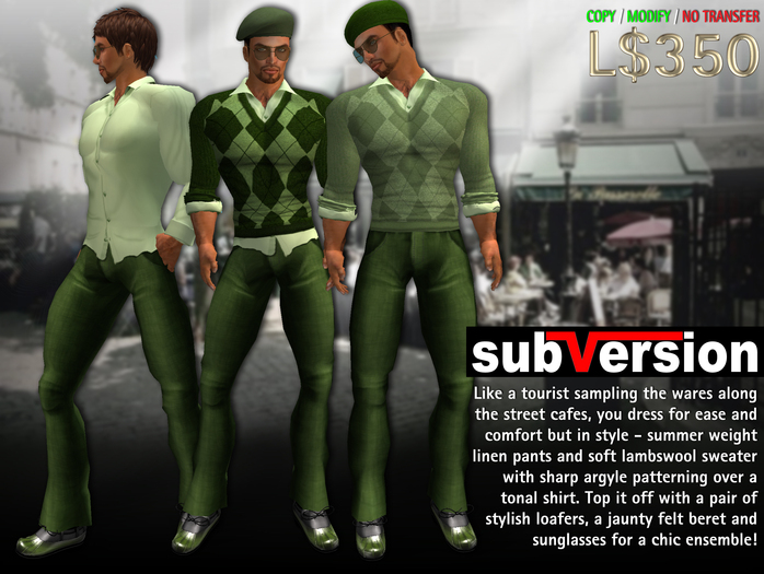 subVersion "Tourist" Casual Sweater, Shirt, Pants & accessories in Lapalma Green