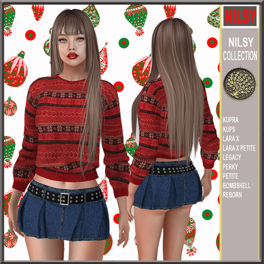 CHRISTMAS SWEATER&BELTED PLEATED JEAN SKIRT