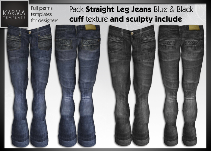 Karma Template - TGA - Pack Unisex Realistic Straight Leg Jeans Blue and Black - Sculpted cuffs include
