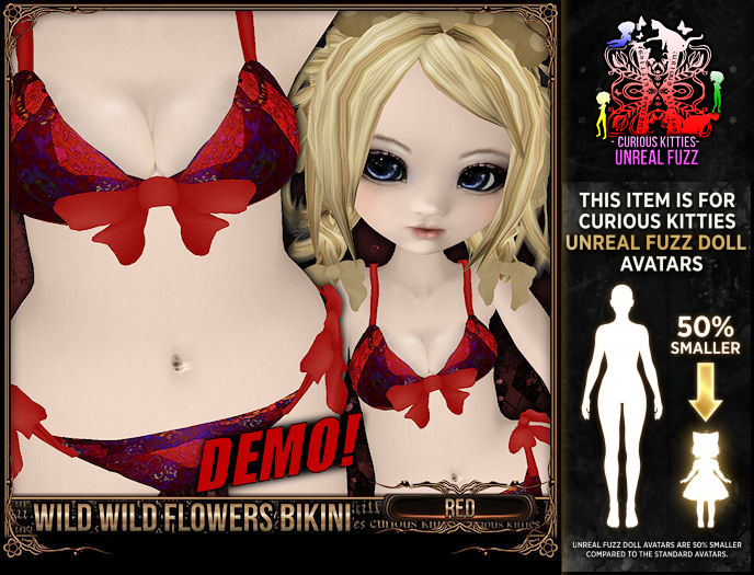 [Mesh] =^.^= Curious Kitties Unreal Fuzz - Wild Wild Flowers Bikini - Red DEMO