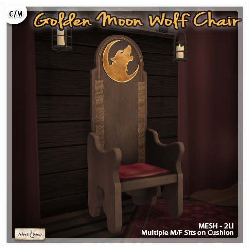 [V/W] Golden Moon Wolf Chair - Medieval Fantasy Seat, High Back - Medieval Furniture