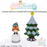 christmas robin on a snowball with christmas tree landscaping