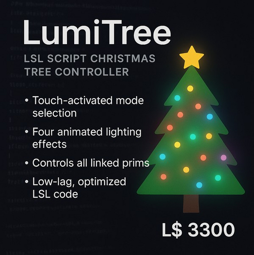 LumiTree – Interactive Christmas Tree Light Controller LSL Script | Pulse, Rainbow, Fade & Twinkle | Full Perm