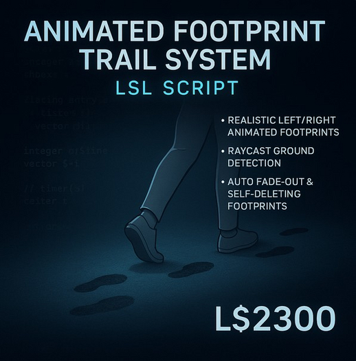 Animated Footprint Trail System LSL Script – Realistic Walking Trails with Auto-Fade, Raycast Ground Detection