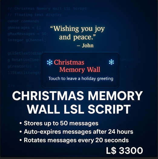 Christmas Memory Wall LSL Script – Interactive Holiday Message Board with Floating Text & Auto-Rotation