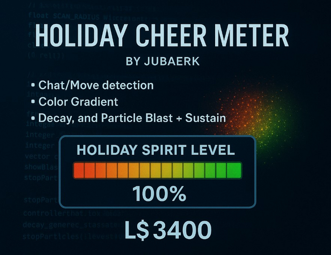 Holiday Cheer Meter LSL Script – Interactive Chat & Movement Party System with Visual Meter, Color Gradient & Particles