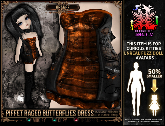 [Mesh] =^.^= Curious Kitties Unreal Fuzz - Piffet Raged Butterflies Dress - Orange