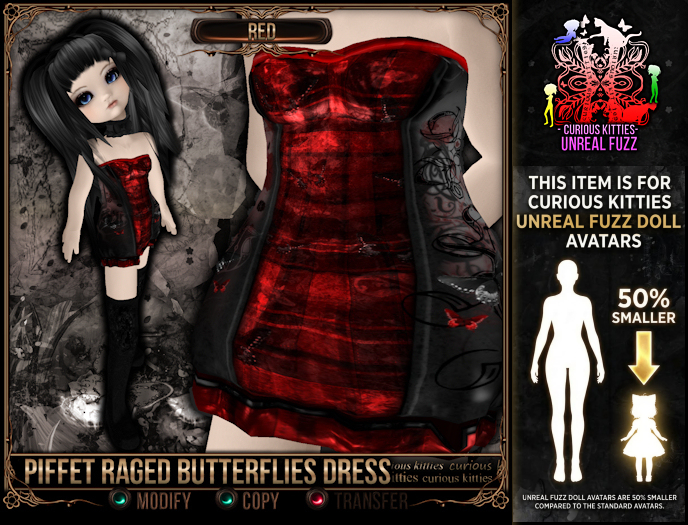 [Mesh] =^.^= Curious Kitties Unreal Fuzz - Piffet Raged Butterflies Dress - Red