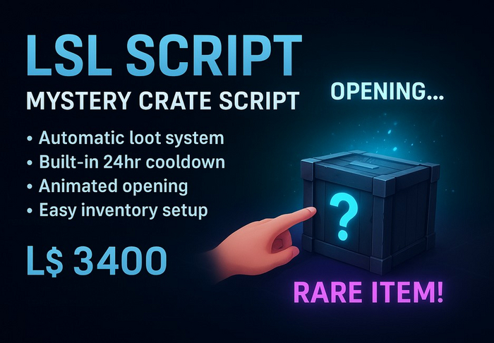  LSL Mystery Crate Script – Daily Loot Box with Cooldown, Rarity System & Animated Effects (Full Perm)