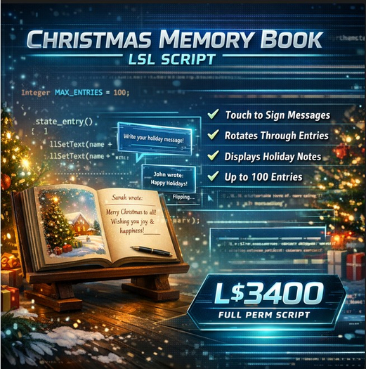 [Full Perm] Interactive Christmas Memory Book Script - Holiday Guestbook System - Auto-Cycling Text & Visitor Recorde