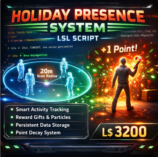 HOLIDAY PRESENCE SYSTEM – Advanced LSL Avatar Activity Tracker with Points, Rewards, Particles & Persistent Database