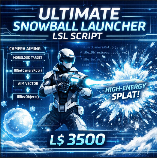 Full Perm LSL Snowball Launcher Script - Professional Mouselook Projectile System - Customizable Winter Combat Toy