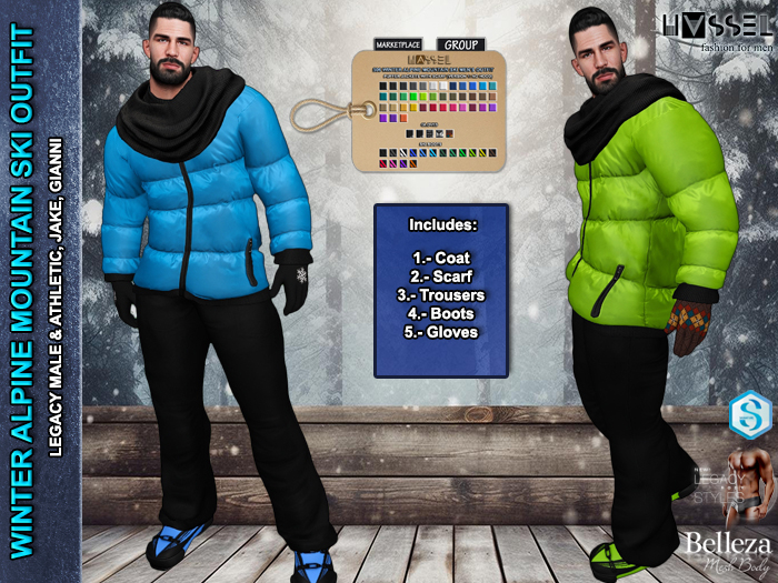 HASSEL PACK 1 WINTER ALPINE SKI OUTFIT SET X MEN PUFFER JACKETS GLOVES SCARF BOOTS LEGACY MALE & ATHLETIC, JAKE, GIANNI