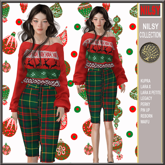 OFFSHOULDER CHRISTMAS SWEATER&TARTAN ZIPPED SKIRT