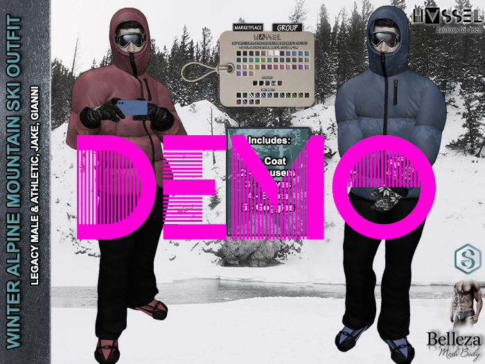 HASSEL DEMO 2 WINTER ALPINE SKI OUTFIT X MEN PUFFER JACKETS GLOVES GOGGLES BOOTS LEGACY MALE & ATHLETIC, JAKE, GIANNI