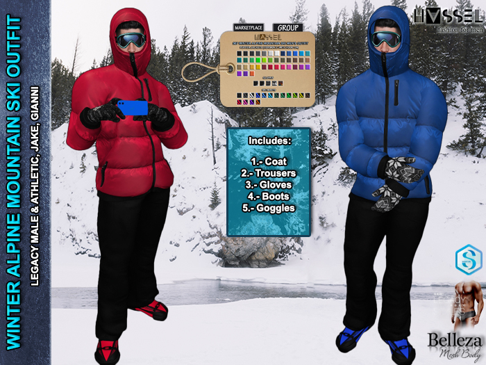 HASSEL PACK 2 WINTER ALPINE SKI OUTFIT X MEN PUFFER JACKETS GLOVES GOGGLES BOOTS LEGACY MALE & ATHLETIC, JAKE, GIANNI