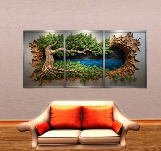 Green Landscape Wall Sticker with Tryptic Frame Sticker  3