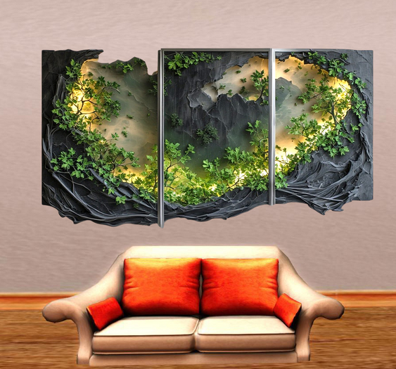  Green Landscape Wall Sticker with Tryptic Frame 5
