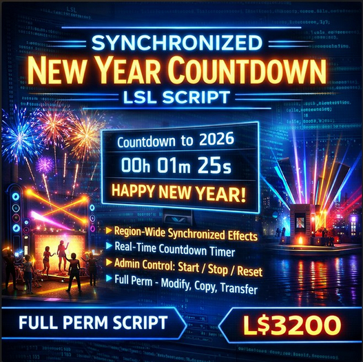 Synchronized New Year Countdown LSL Script (Region-Wide Sync, Fireworks, Admin Control, Full Perms)