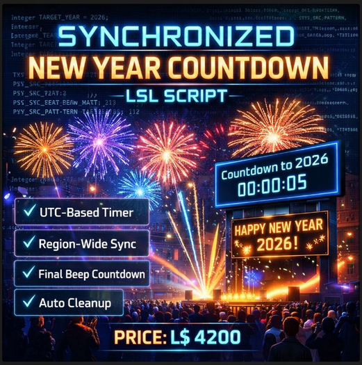 Synchronized New Year Countdown & Fireworks LSL Script – Region-Wide UTC Timer, Admin Control, Full Perm
