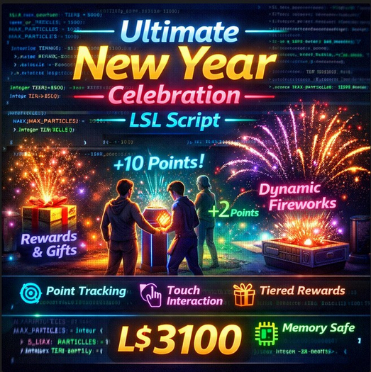 “Ultimate New Year Celebration LSL Script – Fireworks, Rewards & Interactive Points System for Second Life”