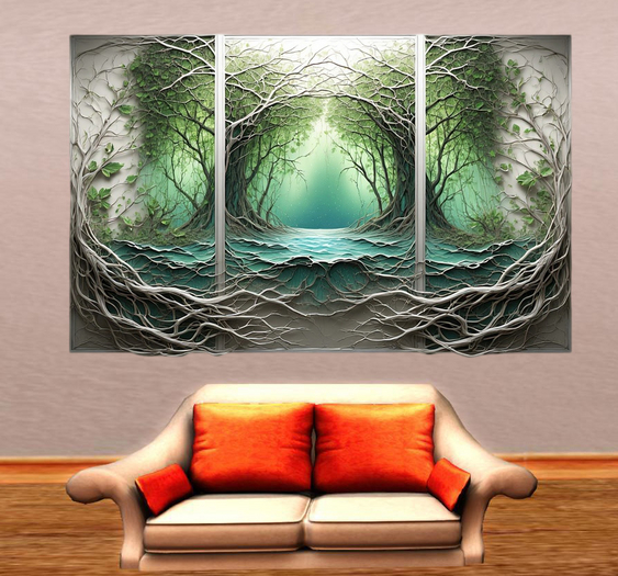 Green Landscape Wall Sticker with Tryptic Frame 7