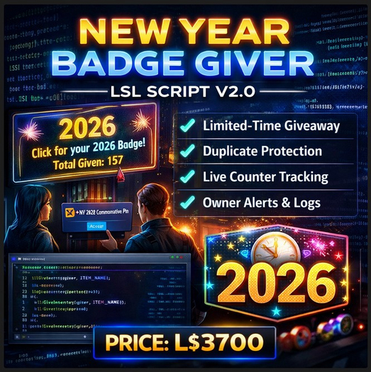 New Year Limited-Time Badge Giver LSL Script V2.0 – Duplicate Protection, Timed Event, Full Perm