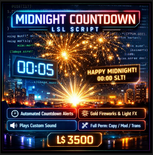 “Midnight Countdown LSL Script – Automated Fireworks, Sound & Particle Effects for SL Events”