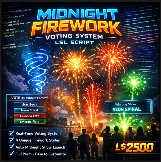 Midnight Firework Voting System LSL Script – Interactive New Year Fireworks with Real-Time Voting | Full Perm