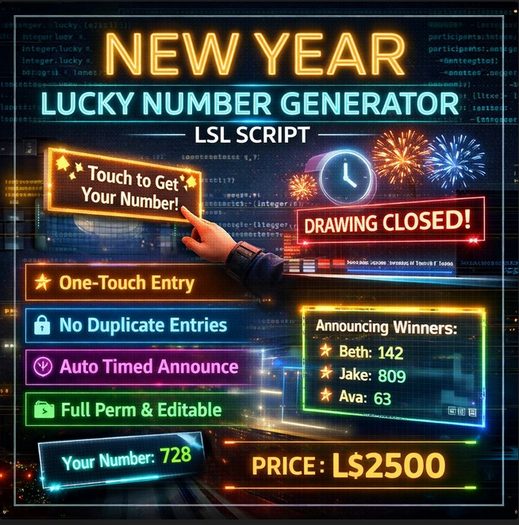 New Year Lucky Number Generator LSL Script – Auto Draw, Anti-Duplicate, Timed Announcement | Full Perm