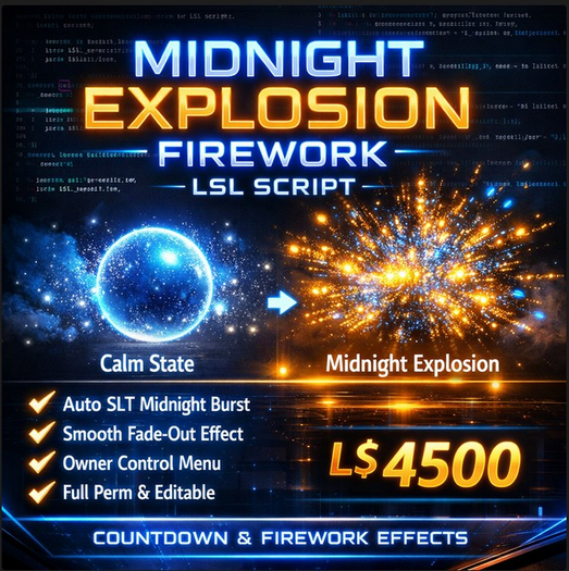 Midnight Explosion Firework LSL Script – Automatic SLT Countdown, Glow, Light & Particle Effects (Full Perm)
