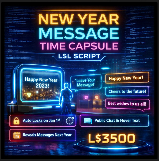 New Year Message Time Capsule LSL Script – Auto Lock, Future Reveal, Owner Controls | Full Perm
