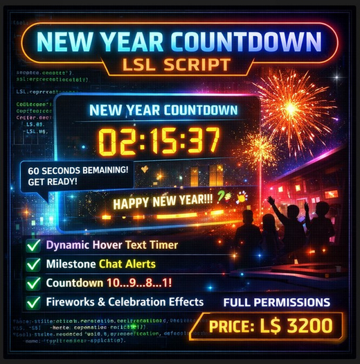 New Year Countdown LSL Script for Second Life – Interactive Timer, Hover Text, Chat Alerts & Fireworks