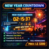 New Year Countdown LSL Script for Second Life – Interactive Timer, Hover Text, Chat Alerts & Fireworks