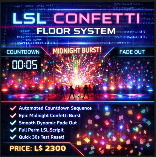 LSL Confetti Floor System – Automated Countdown, Midnight Burst & Smooth Fade | Full Perm Event Particle Script