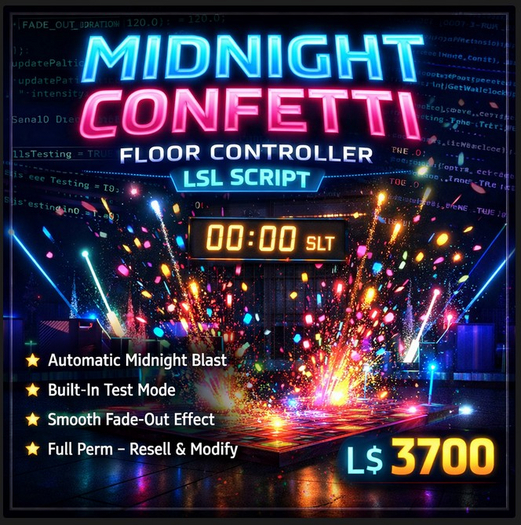 Midnight Confetti Floor Controller LSL Script | Auto New Year Celebration System | Full Perm