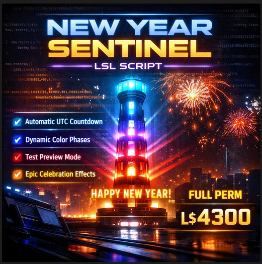 New Year Sentinel – Smart Countdown Light Tower (LSL Script, Full Perm, Auto UTC New Year System)