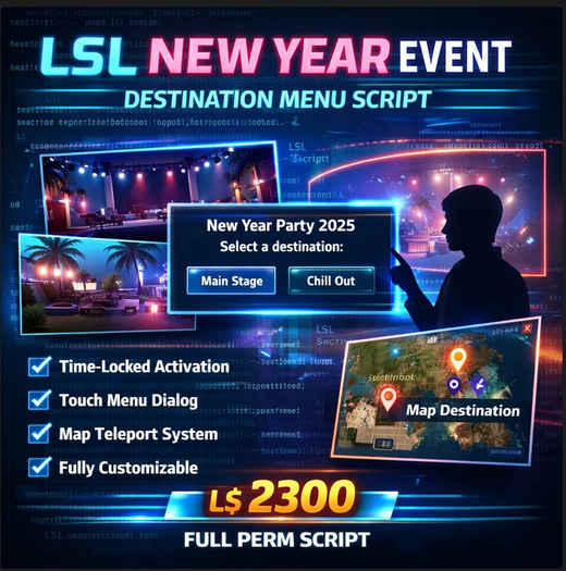 LSL New Year Event Destination Menu Script | Time-Locked Party Teleport Map System | Full Perm