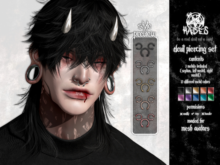 [Hades] Devil Piercing Set - Nostrils + Septum (Unrigged)