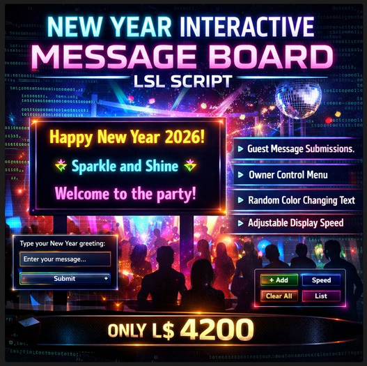 New Year Interactive Message Board LSL Script | Guest Submissions, Owner Menu, Speed Control | Full Perm