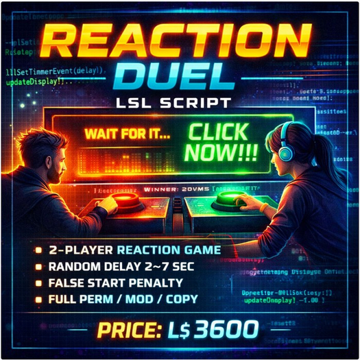 Reaction Duel LSL Script – Fast Click Competitive Mini-Game | Full Perm | Clubs, Events, Arcades