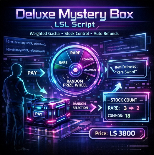 Deluxe Mystery Box LSL Script – Weighted Random Gacha System with Stock Control, Refunds & Restock Commands (Full Perm)