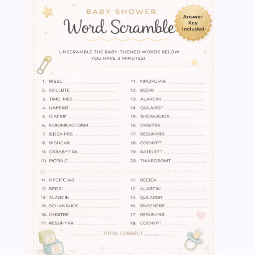 Baby Shower  Games - Word Scramble  