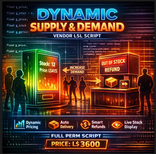 Dynamic Supply & Demand Vendor LSL Script – Smart Pricing, Auto Delivery, Refund System (Full Perm)