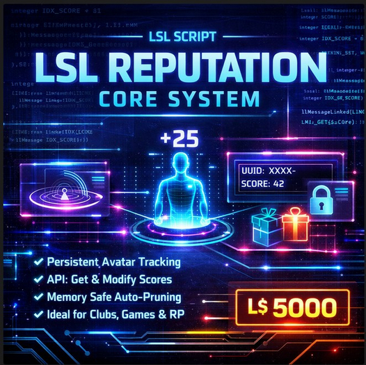 LSL Reputation Core System – Persistent Avatar Reputation Engine with API | Full Perm | Visitor Tracking & Scoring